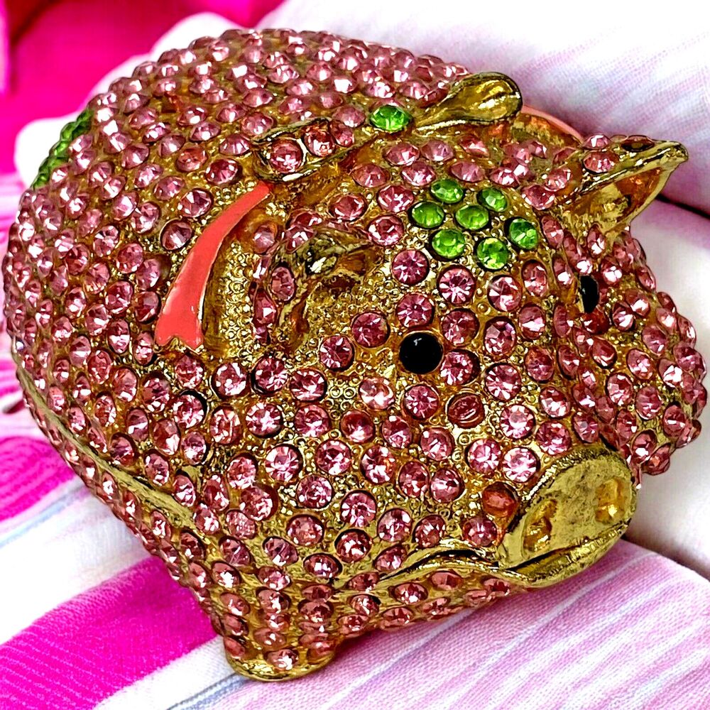 Bejewel Enamel Animal Pink Piggy Pig Trinket Box Figurine Rhinestone Embellished
